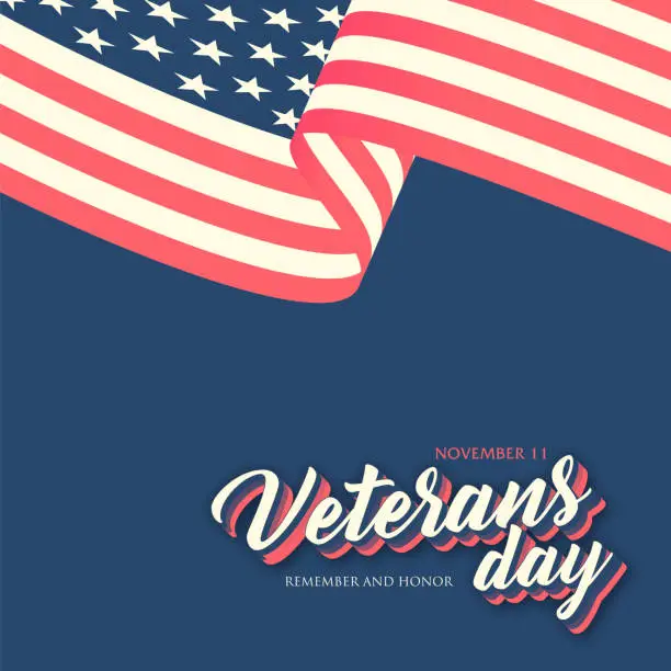 Vector illustration of Veterans Day Vector illustration, Honoring all who served, USA flag waving on blue background. stock illustration