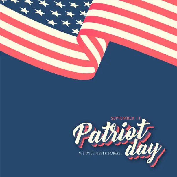 Vector illustration of Patriot Day Vector illustration, 911 Remembrance, USA flag waving on blue background. stock illustration