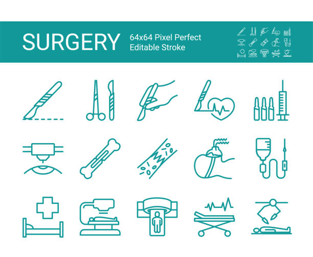 ilustraciones, imágenes clip art, dibujos animados e iconos de stock de conjunto de iconos de línea vectorial de cirugía. trazo vectorial editable. 64x64 píxel perfecto. - medical supplies scalpel surgery equipment