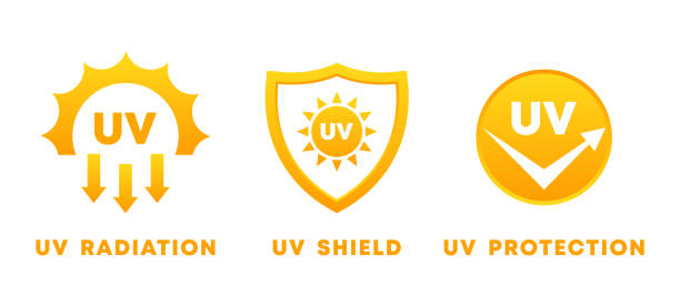 ilustraciones, imágenes clip art, dibujos animados e iconos de stock de conjunto de iconos de rayos uv. protección ultravioleta, radiación y señal de escudo. peligro solar y solución de crema para bloqueador solar. - luz ultra violeta