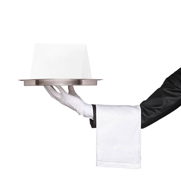 istock Waiter holding a tray with blank card 132046750