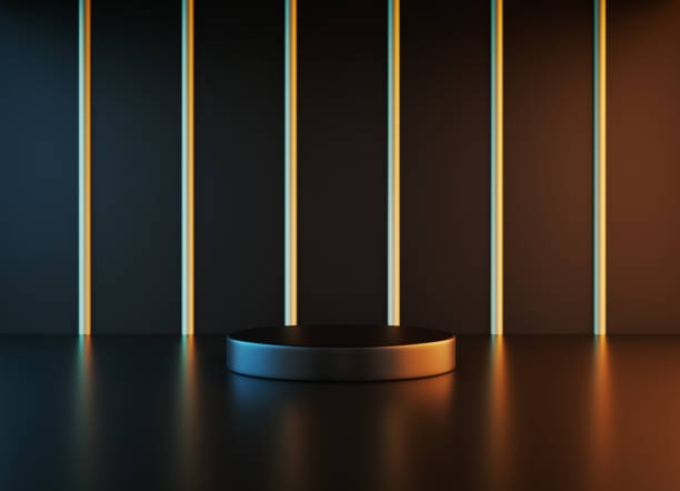 istock Black Podium Illuminated By Spotlights Before Black Background 1320467608