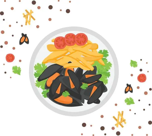 Vector illustration of Mussels and fries Vector Icon Design, National Dish of France Sign, Traditional cuisine Symbol, Gourmet food cooking and restaurant menu Item with ingredients, Moules frites on Plate Concept