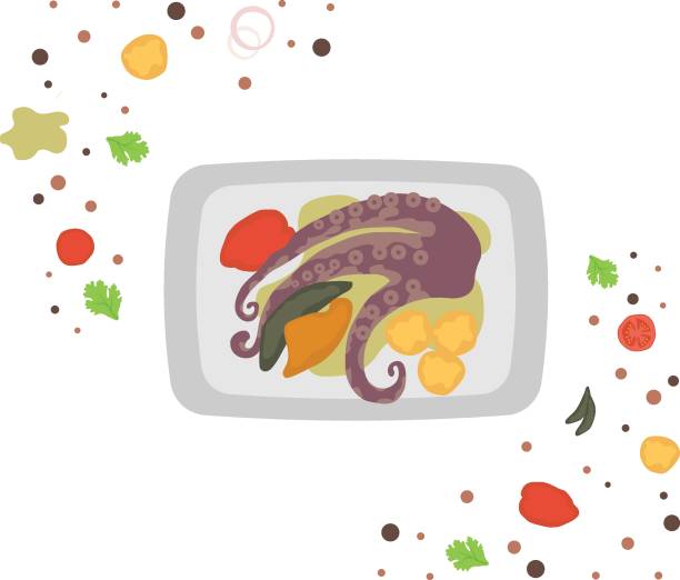 ilustrações, clipart, desenhos animados e ícones de polvo como comida vector icon design, prato nacional de portugal sign,tradicional símbolo de culinária em fundo branco, item do menu de culinária gourmet com ingredientes, polvo a lagareiro no platter concept - gastronomia de portugal
