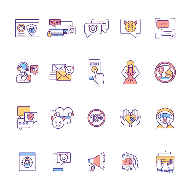 Cyberharassment RGB color icons set Cyberharassment RGB color icons set. Security option. Anonymity in online interactions. Text bullying. Social media threat for adolescents. Cyberstalking prevention. Isolated vector illustrations humiliate stock illustrations
