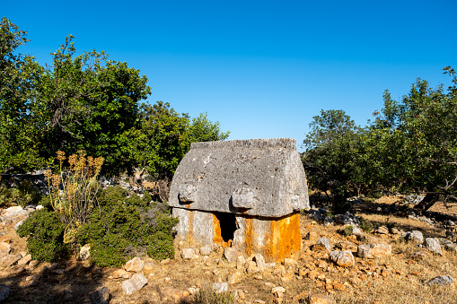 There is a small hollow in a part of the Lycian rock tomb among the Mediterranean vegetation.