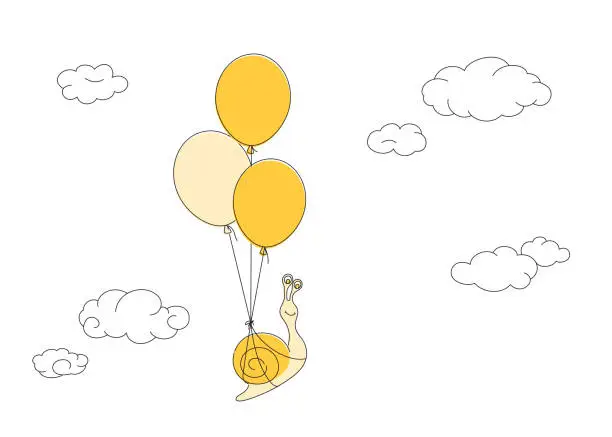 Vector illustration of Concept of success and business creativity. A snail flies on a balloon as a symbol of a change in development strategy company. Think outside the box.