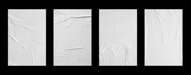 white crumpled and creased glued paper poster set isolated on black background - via pública imagens e fotografias de stock