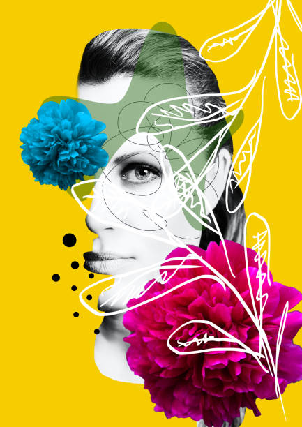 rosto de mulher bonita com colagem de flores - image vertical color image people - fotografias e filmes do acervo
