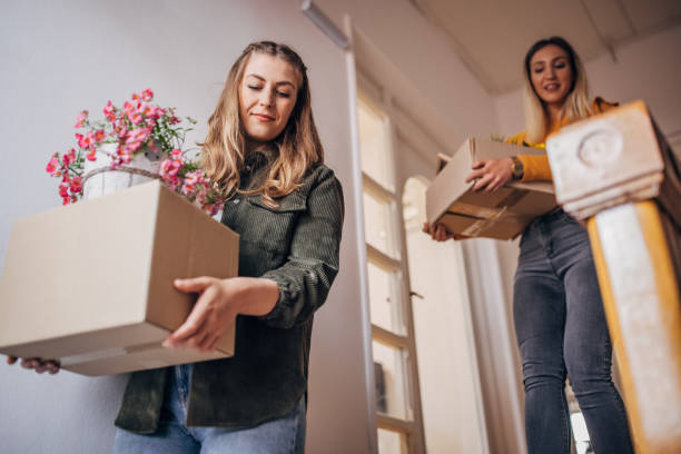 istock Lesbian couple carrying boxes in new home 1320475432
