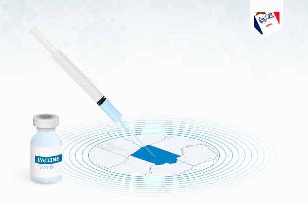 ilustraciones, imágenes clip art, dibujos animados e iconos de stock de vacunación covid-19 en iowa, ilustración de vacunación contra coronavirus con botella de vacuna e inyección de jeringa en el mapa de iowa. - iowa map