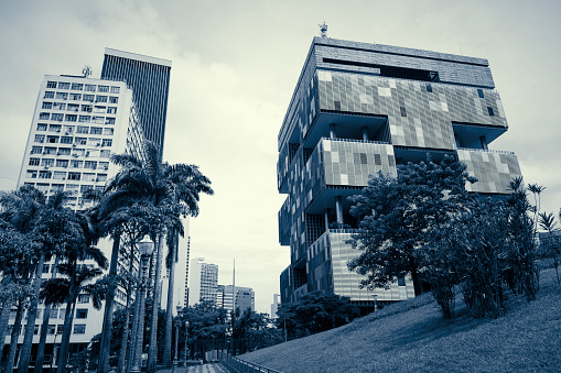 Low angle view of office buildings in downtown Centro district, Rio de Janeiro, Brazil