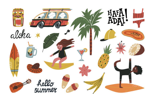 illustrations, cliparts, dessins animés et icônes de vacances d’été mignonnes sur hawaii ou guam islands ensemble. bus rétro avec planches de surf, palmier, surfeurs, ukulélé, fleurs lettrage drôle et divers accessoires de vacances de plage. - text surfing surf palm tree