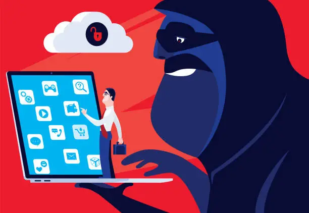 Vector illustration of hacker holding laptop with unsafe cloud computing