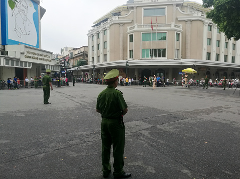 Hanoi, Vietnam- September 26, 2018: Police cut off-street in Hanoi for passing of funeral procession of Tran Dai Quang Vietnam president