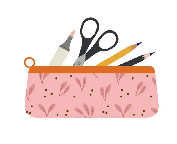 Vector illustration of Vector illustration of pencil case with pencils, marker, and scissors, isolated on white.