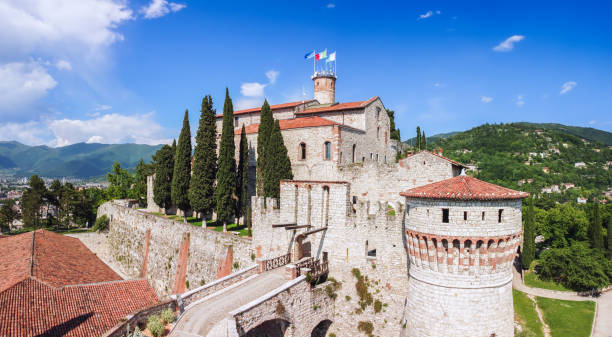Drone view of the historic castle in Brescia city. Lombardy, Italy Brescia - Italy. May 20, 2021: Drone view of the historic castle in Brescia city. Lombardy, Italy brescia stock pictures, royalty-free photos & images