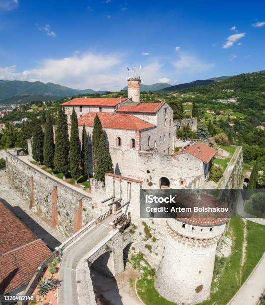 Beautiful View From A Drone On The Architectural Complex Of The Castle In Brescia City Stock Photo - Download Image Now