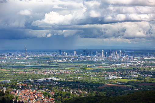 Aerial view around the downtown area of the dokumenta city Kassel in Hessen, Germany on a cloudy day in late winter