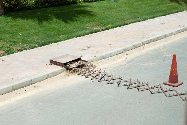 bandes de pointes sur la route - spiked photos et images de collection