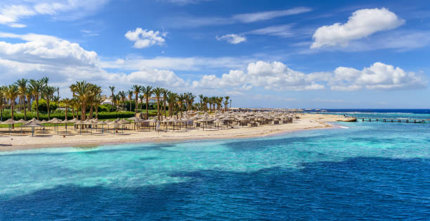 landschaft mit strand in port ghalib, marsa alam - hurghada stock-fotos und bilder