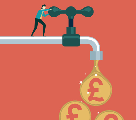 Businessman turning on or turning off the tap with a drop of dollar sign currency stock illustration