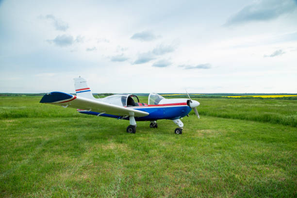 istock Walking small propeller plane on a green field 1320490090