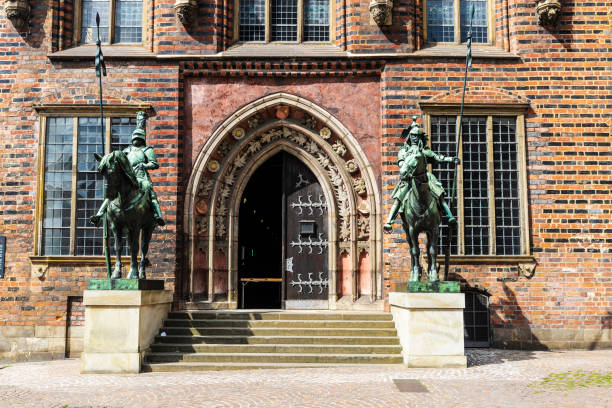 Knight statue at the Bremen City Hall in the old town of Bremen, Germany