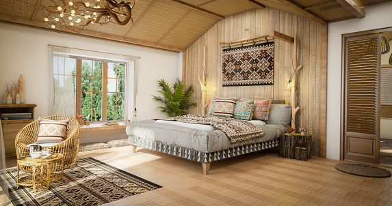Digitally generated warm and cozy ethnic master bedroom interior design.\n\nThe scene was rendered with photorealistic shaders and lighting in Autodesk® 3ds Max 2022 with V-Ray 5 with some post-production added.
