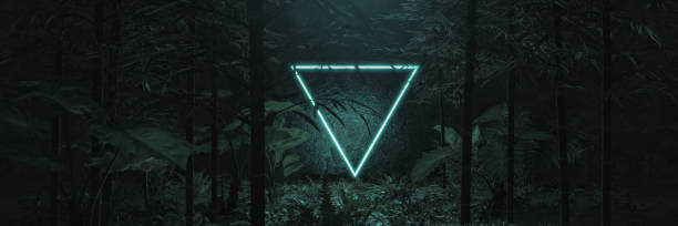 istock 3d rendering of blue lighten triangle shape surrounded by jungle trees 1320492766