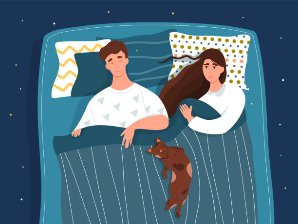 милая пара спит вместе с кошкой - poster bed audio stock illustrations