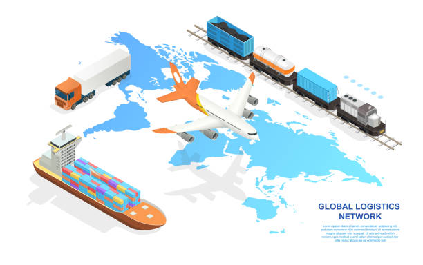 ilustrações, clipart, desenhos animados e ícones de logística e transporte da indústria de frete com diferentes veículos - distribution maps