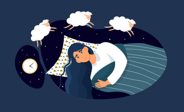 Young female character is suffering from insomnia Young female character is suffering from insomnia. Woman is having sleep time problems. Psychological stress caused by low energy, irritability and depressed mood. Flat cartoon vector illustration counting stock illustrations