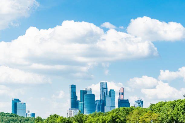 Moscow skyscrapers panorama in a sunny spring day.