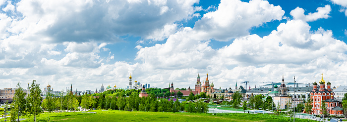 Moscow Kremlin and St Basil’s Cathedral, Russia. Panorama of famous tourist attractions of Moscow. Panoramic view of old city center in summer. Moscow landmarks, travel, tourism and sightseeing theme