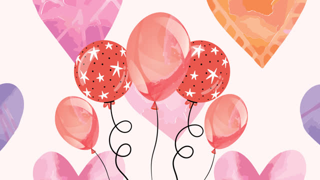 Animation of colourful balloons and hearts on pink background