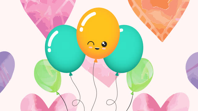 Animation of colourful balloons and hearts on pink background