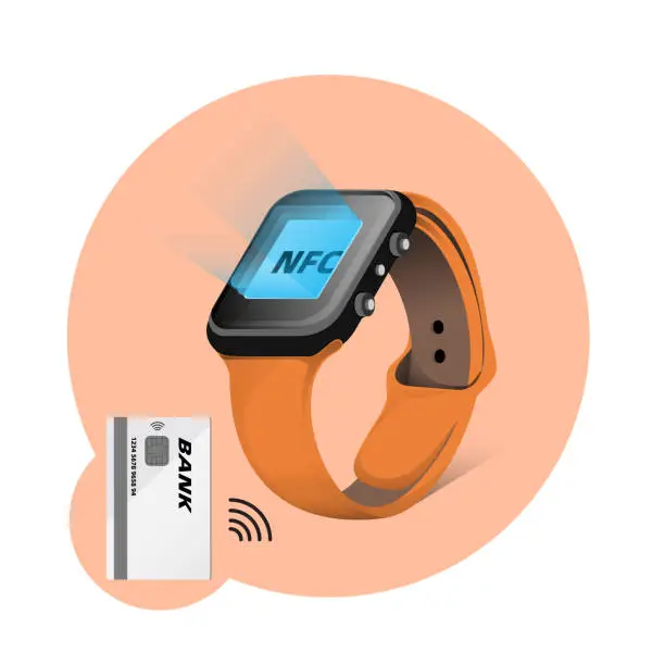 Vector illustration of Contactless payment transaction with smartwatch.