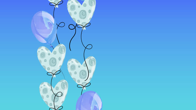 Animation of purple balloons and hearts with copy space on blue background