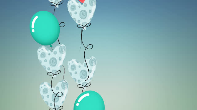 Animation of colourful balloons and hearts with copy space on blue background