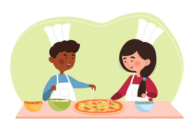 Two smiling little children are cooking pizza together in a kitchen Two smiling little children are cooking pizza together in a kitchen. Little kids are wearing chefs toques adding the toppings to the dough before putting in oven. Flat cartoon vector illustration kids making pizza stock illustrations