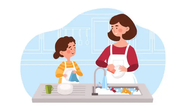 Vector illustration of daughter helping her young mother to wash the dishes