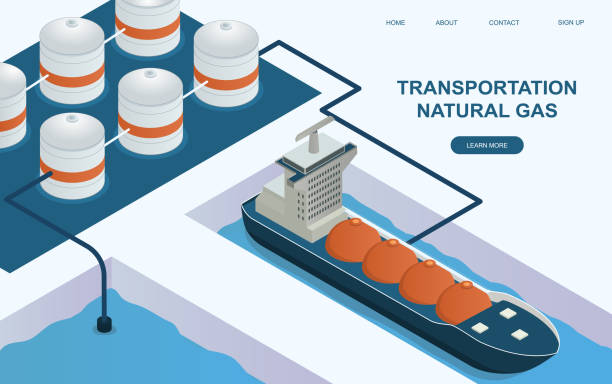 Huge tanker is transporting natural gas Huge tanker is transporting natural gas. Concept of liquefied natural gas transportation. Oil and gas industry. Website, web page, landing page template. Isometric cartoon vector illustration lng liquid natural gas stock illustrations