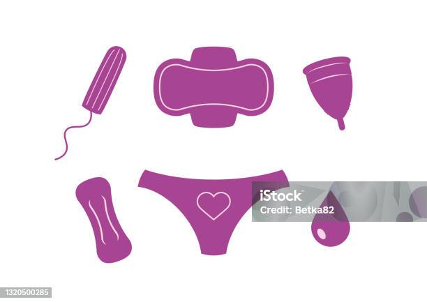 Vrouwen Menstruele Producten Pictogram Set Vector Stockvectorkunst en meer beelden van Menstruatie - Menstruatie, Tampon, Illustratie