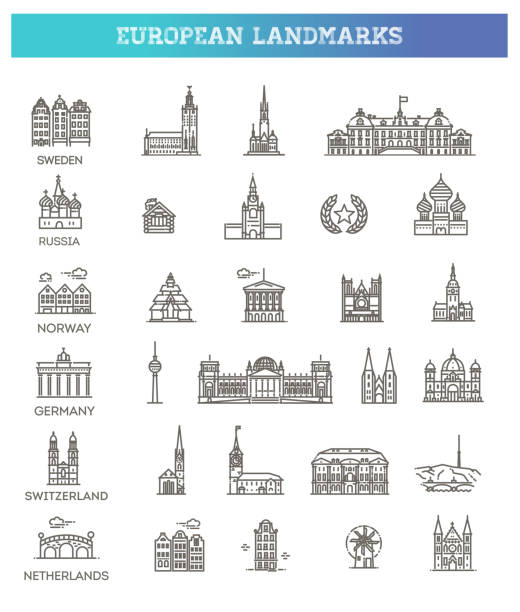 Simple linear Vector icon set representing global tourist european landmarks and travel destinations for vacations. Flat line design style vector illustration icons set and logos of top tourist attractions, historical buildings, towers kremlin stock illustrations