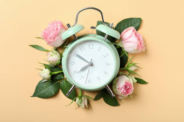 istock Roses and alarm clock in beige background 1320500647