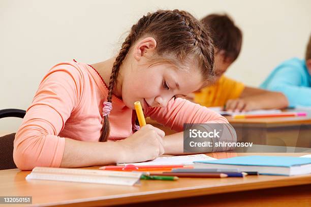 Girl Writing Stock Photo - Download Image Now - Boys, Child, Childhood