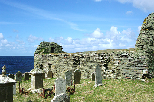 On the Orkadian island of Rousay the old ruined church and graveyard at Westness near Midhow, Scotland