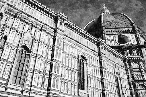 A black and white view of the cathedral of Florence. Digital watercolors painting.