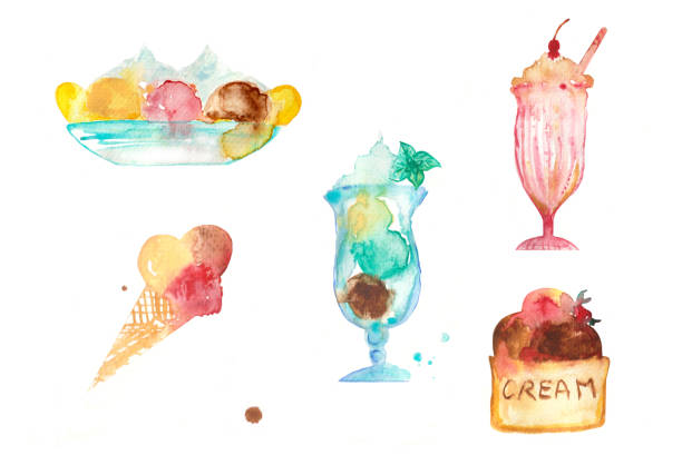 Illustrations ice creams, summer sorbets several varieties Watercolor sorbet with banana-split, chocolate and strawberry ice cream, cones and pot of vanilla ice cream dollop whipped cream stock illustrations